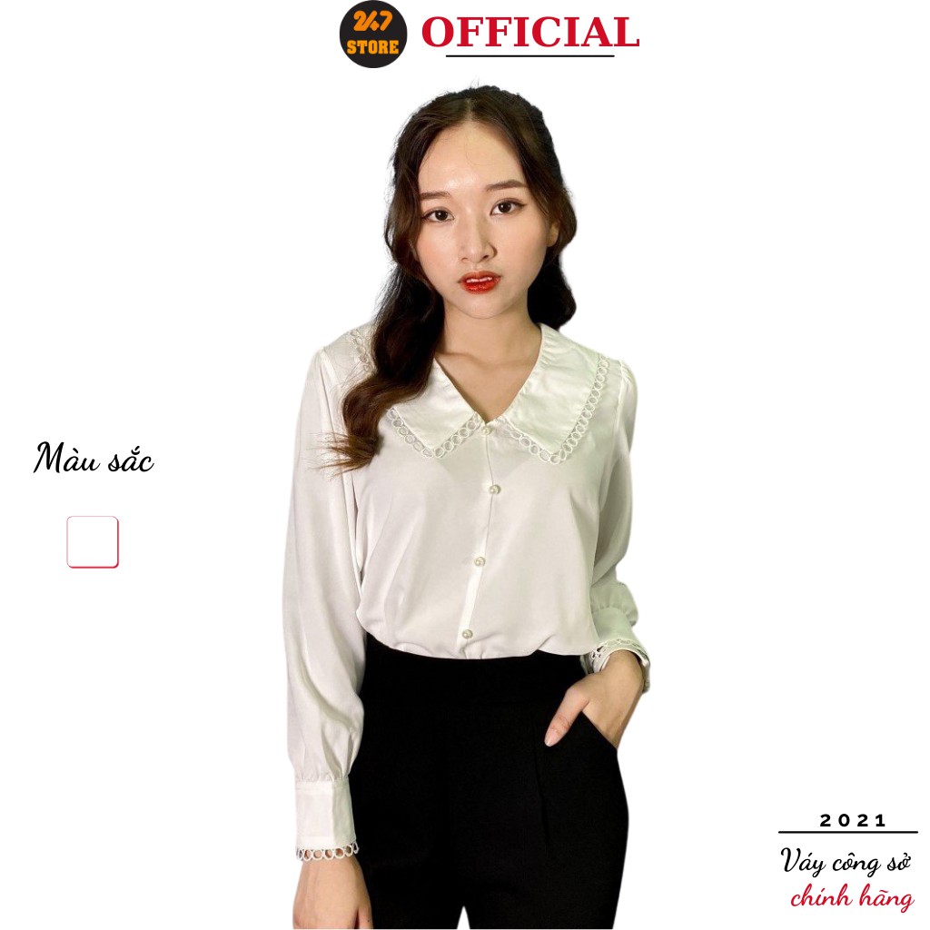 Áo sơ mi công sở phối ren 247STORE (màu trắng), dáng dài, dài tay, cổ ren, form rộng, vải voan cát mềm nhẹ, không nhăn