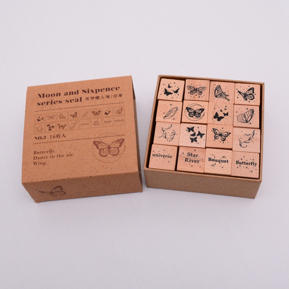 Beebeecraft 1 Box Wooden Stamps with Rubber Square Butterfly Pattern 20x20x35mm 16pcs/box for DIY Jewelry Making