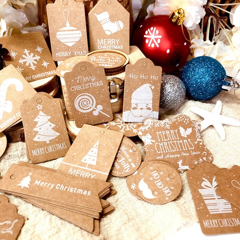 Set 50 thẻ giấy họa tiết giáng sinh kèm dây treo trang trí cây thông DIY xinh xắn