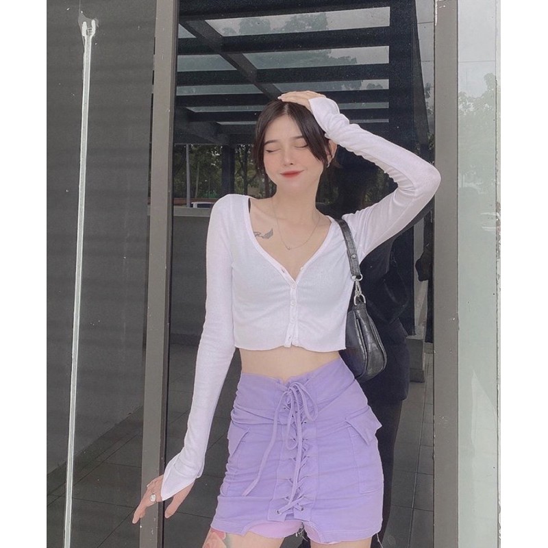 Áo croptop tay dài nút bấm khoét eo, áo crt ôm body khoe eo co giãn tốt