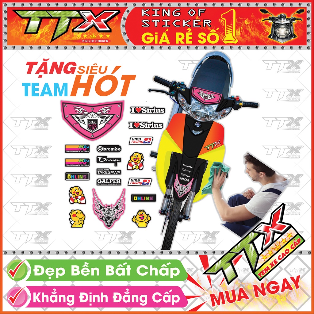 Tem Xe Sirius Hồng Xám Đen Y11ZR Siêu Đẹp - Tem Sirius Y11ZR Đen Xám Hồng Hót - Mẫu Team Sirius Hồng Xám Đen