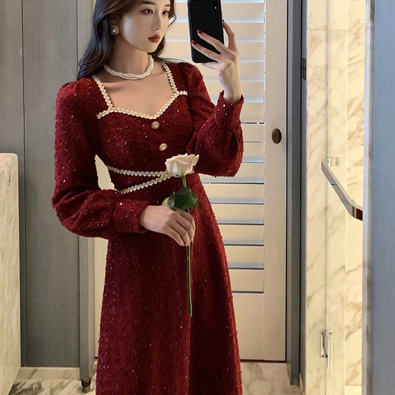Đầm midi tay dài cổ vuông màu đỏ thời trang thu đông mới thanh lịch cho