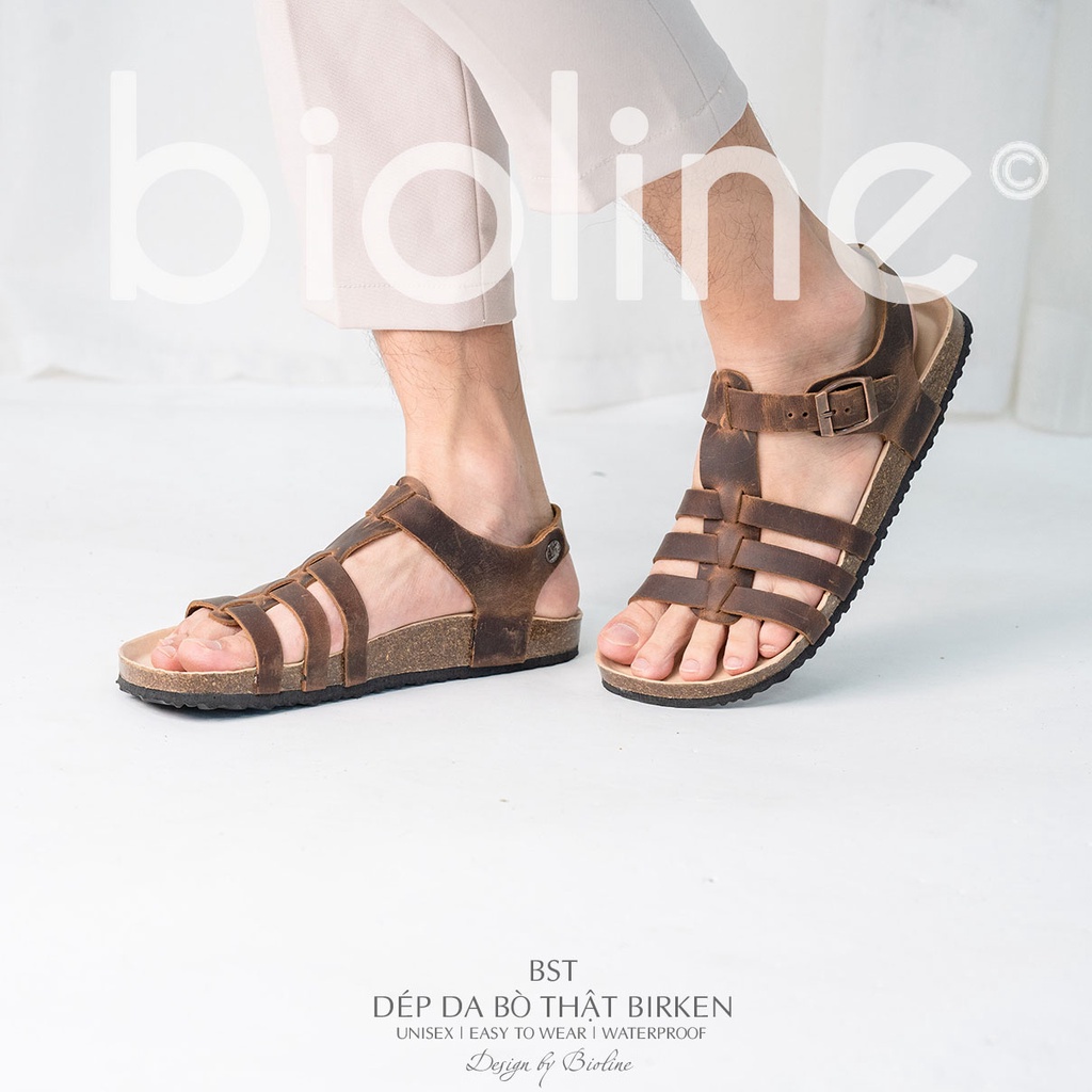 DK12-LÓT CHỐNG NƯỚC-Giày sandal đế trấu Birken da bò thật nam nữ, dép xăng đan công sở, dép đế trấu Bioline D12