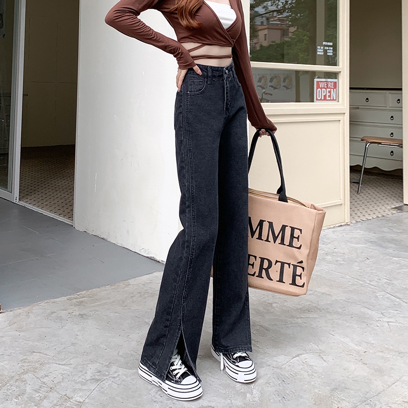 Quần Jean Nữ Ống Loe Lưng Cao Xẻ Tà Màu Đen Phong Cách retro Mỹ