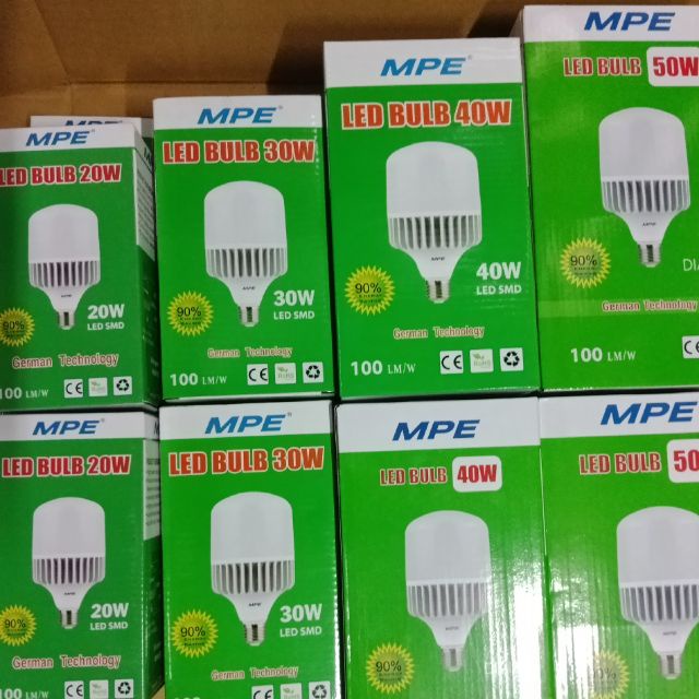 Bóng đèn LED Bulb trụ 15W, 20W, 30W, 40W, 50W MPE Bảo Hành Chính Hãng