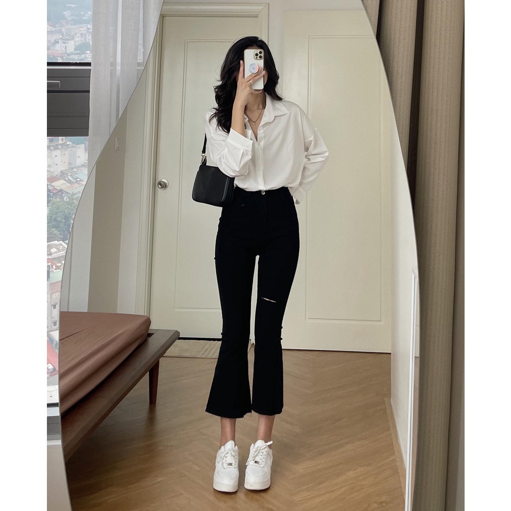 (ảnh thật) Audrey Quần jeans loe rách gối 1317