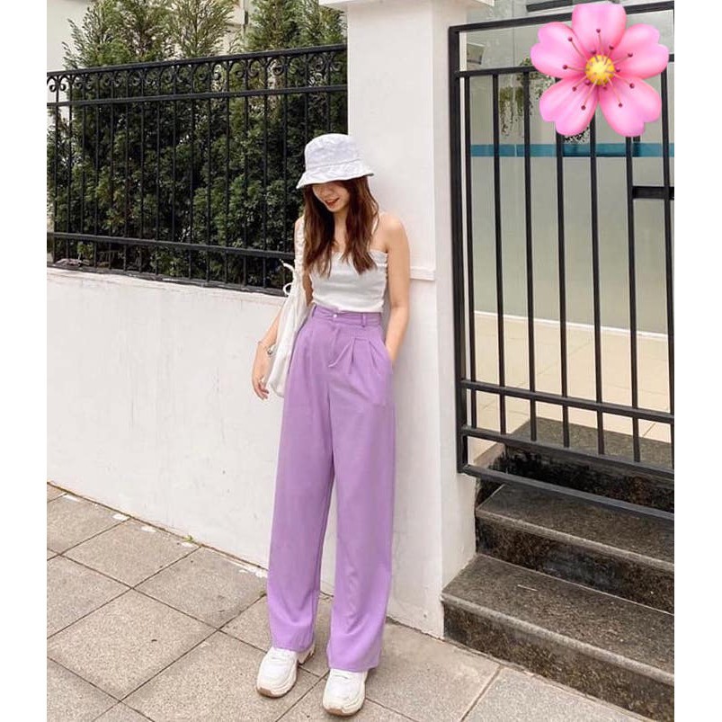 Quần Sớ Màu Tím Culottes đũi cạp cao khuy trắng dáng suông tây nữ - Quần baggy nữ SABI SHOP