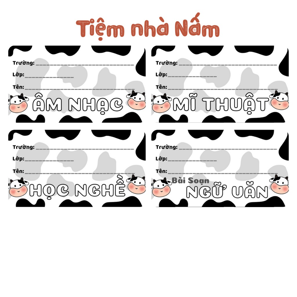 Combo Nhãn Vở Thiết Kế Theo Tên Môn Học, Bò Sữa