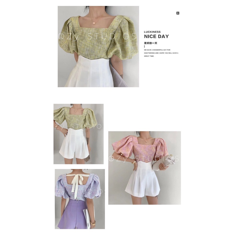 Set áo cổ vuông tay phồng và quần short lưng cao dáng chữ A thời trang mùa hè nữ tính thanh lịch (có bán lẻ)