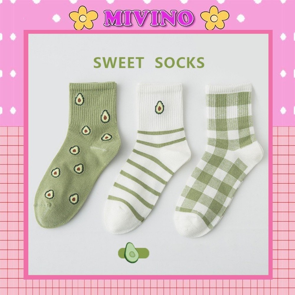 Set 3 đôi tất cao cổ nữ Mivino vớ nữ bơ xanh bơ trắng Hàn Quốc đáng yêu TN95