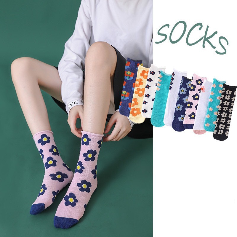 Tất vớ nữ cổ cao cotton hình hoa nhí, Vớ tất nữ cổ cao [Sam] Set 3 đôi tất cao cổ mẫu mới thổ cẩm
