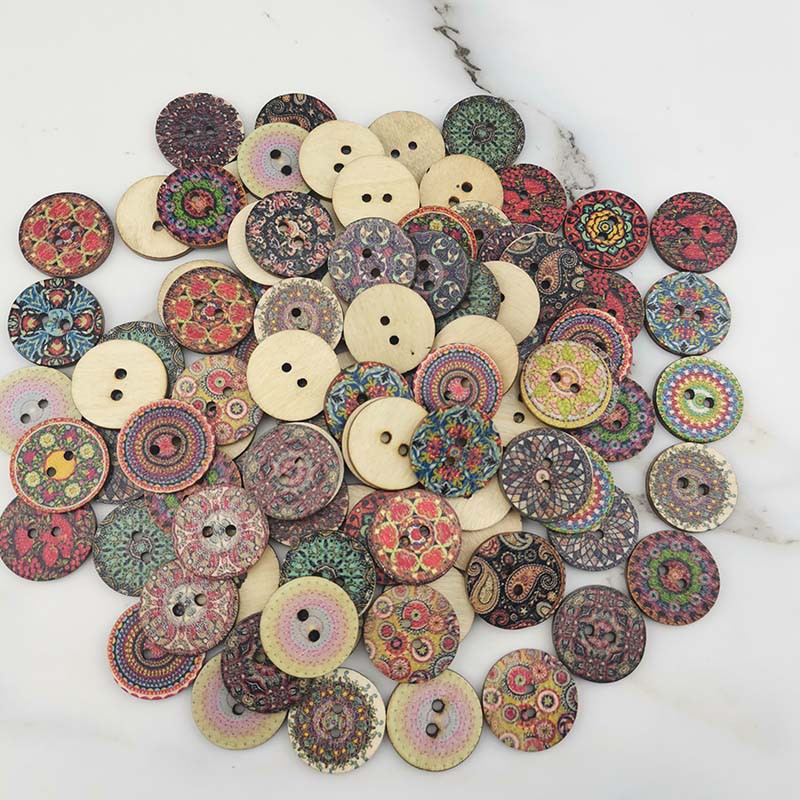 Set 100 Nút Gỗ Tròn 2 Lỗ In Họa Tiết Vintage Trang Trí Sổ Tay DIY