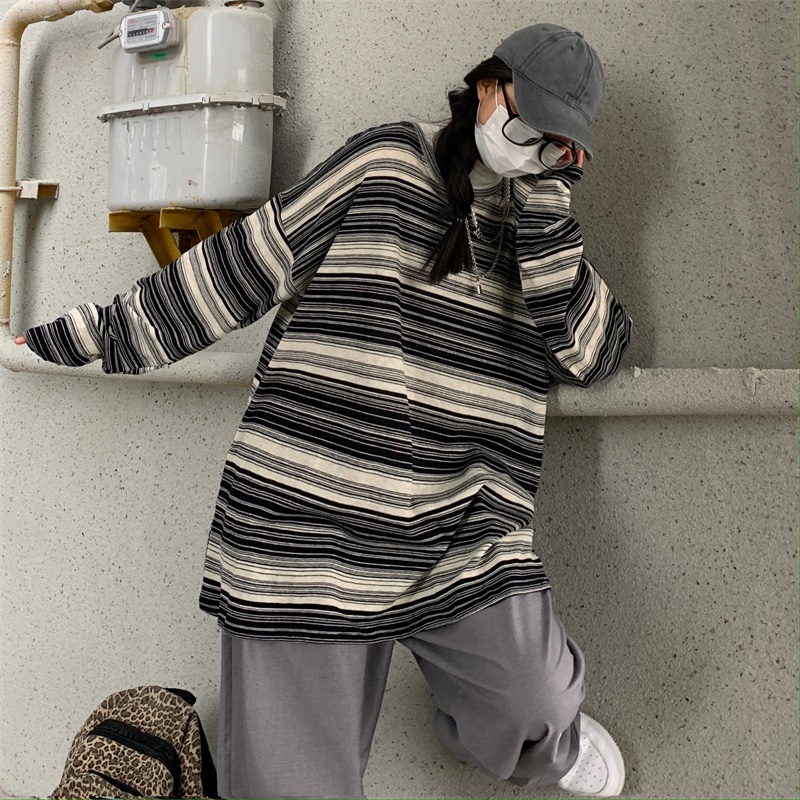 Áo Thun Tay Dài Kẻ Sọc Ngang Trẻ Trung Hợp Thời Trang  198608Áo Dáng Rộng Phong Cách Harajuku Dễ Phối Đồ Dành Cho Nam Và Nữ
