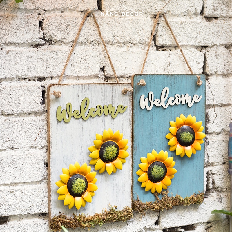 Bảng Gỗ Decor Welcome Hoa Hướng Dương Chữ Nhật Treo Tường, Treo Cửa Phong Cách Vintage