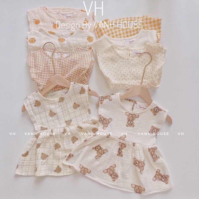 Áo baby doll xô muslin hoạ tiết xinh xắn cho bé, chất liệu mềm mại, hình dễ thương