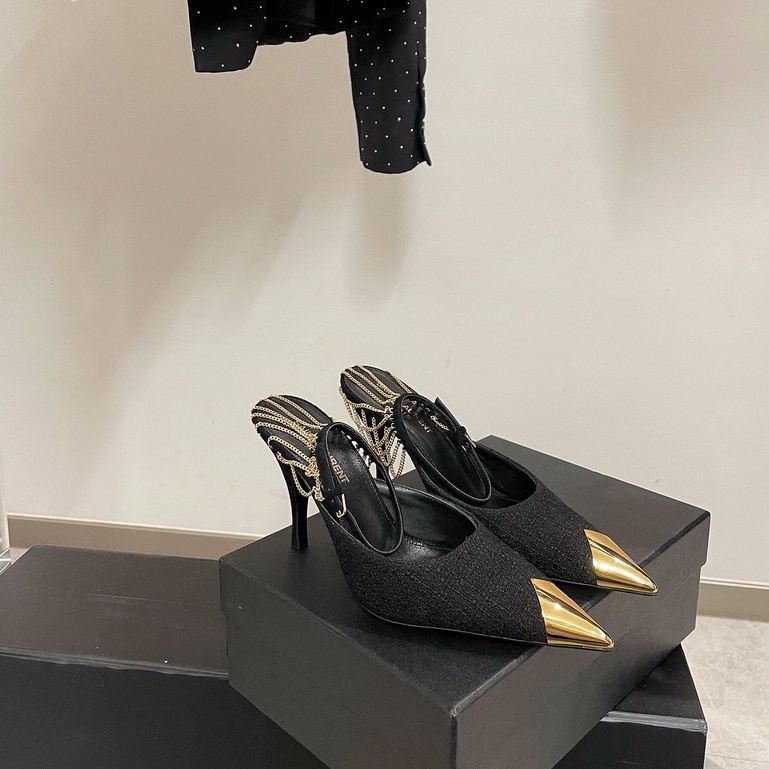 Giày Cao Gót 9Cm Vải Tuýt Phối Dây Xích