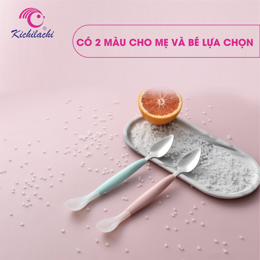 Thìa nạo nhỏ hoa quả Kichilachi cho bé ăn dặm tích hợp 2 đầu silicon và inox tiện dụng - MINIBOO