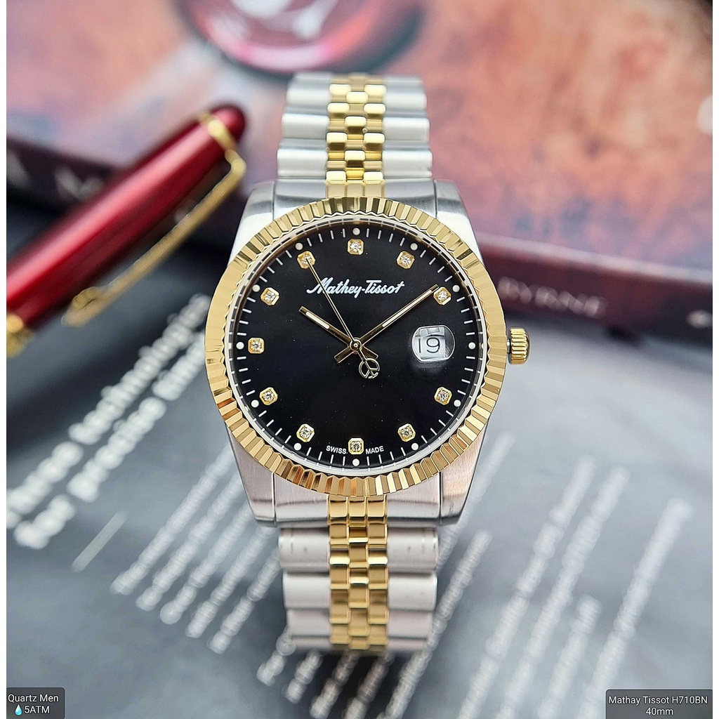 Đồng Hồ Nam Mathay Tissot H710BN Pin Dây Sắt Demi Vàng Mặt Đen Diamond