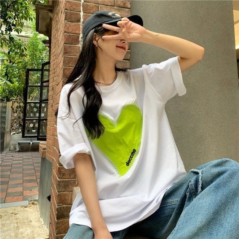 Đầm Lửng Dáng Rộng Cổ Tròn In Hình Trái Tim Thời Trang Mùa Hè Hàng Mới