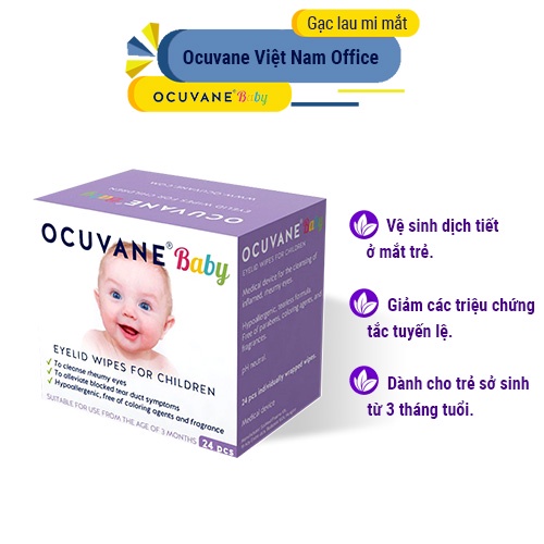 Gạc lau mi mắt Ocuvane Baby dành cho trẻ sơ sinh từ 3 tháng tuổi, vệ sinh dịch tiết ở mắt, giảm triệu chứng tắc tuyến lệ