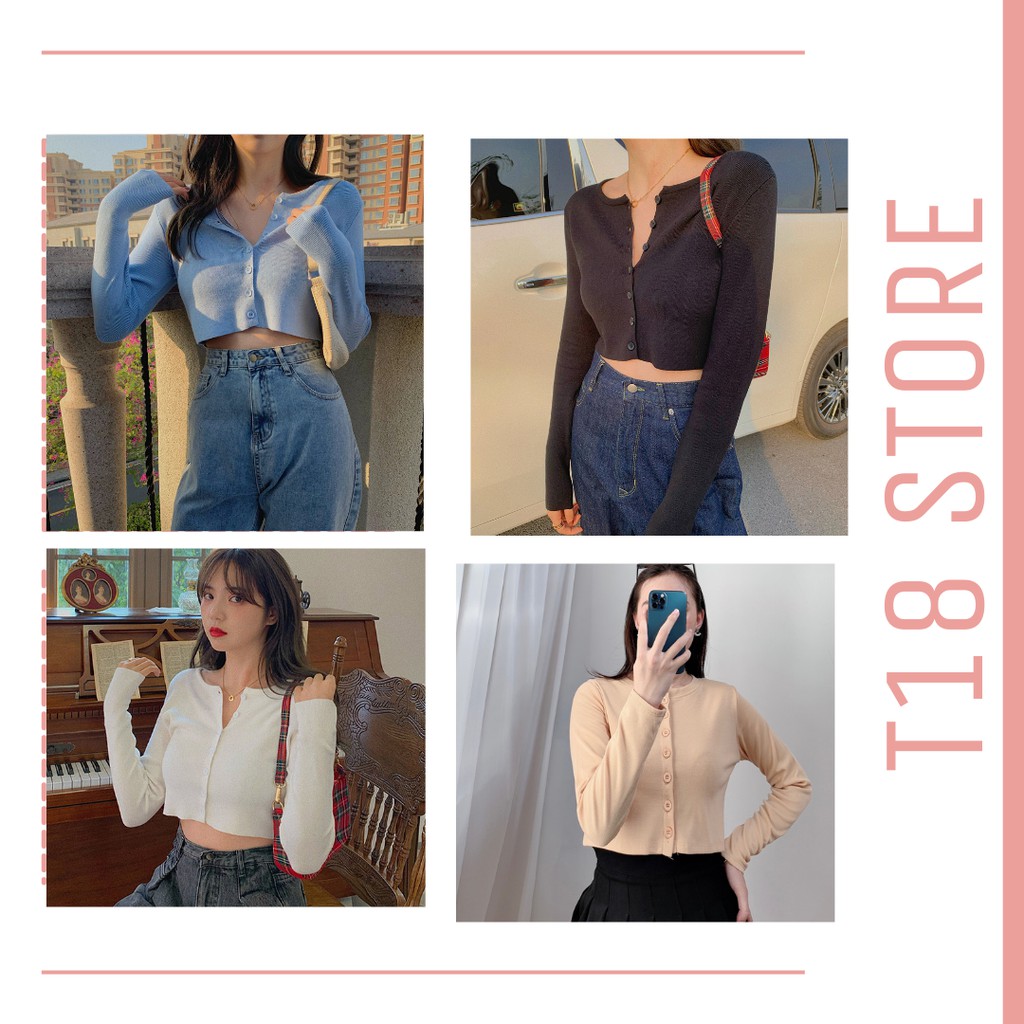 Áo croptop nữ tay dài kiểu ôm bigsize thun body cổ tròn có nút cúc T18 STORE CT01