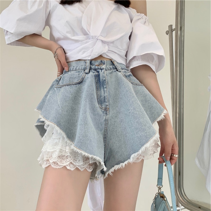 Quần Short Denim Viền Ren Gợi Cảm Hợp Thời Trang