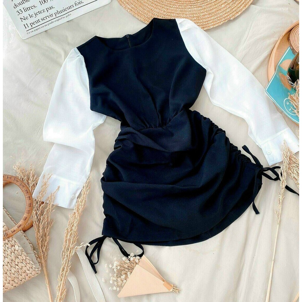 Váy đầm nữ body tay dài rút dây hai bên hông | BigBuy360 - bigbuy360.vn