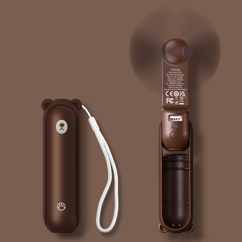 Quạt mini cầm tay đa năng hình gấu Bear kiêm đèn pin - sạc dự phòng tiện dụng Vinetteam F8, Quạt tích điện mini -DC4036