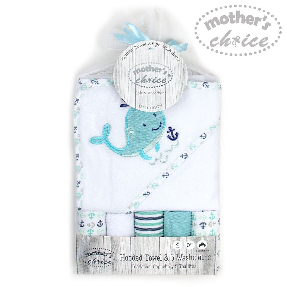 Set Khăn tắm cho bé trùm đầu (75x75cm) kèm 5 khăn mặt (23x23cm) hình cá heo xanh đáng yêu Mother's Choice IT3478