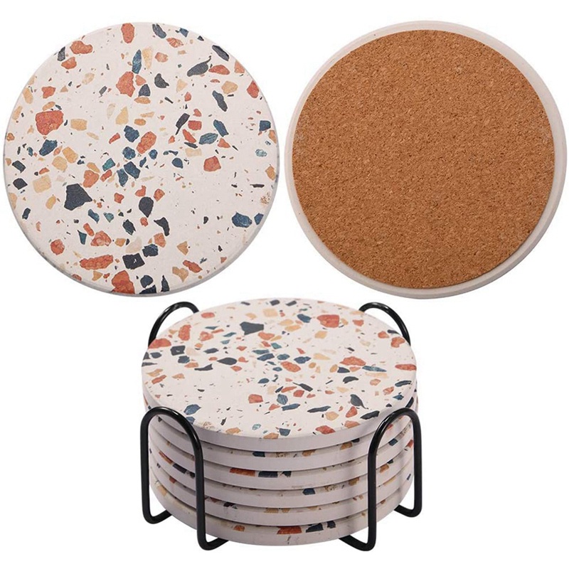 Đế lót cốc nước bằng gốm họa tiết đá cẩm thạch có nút bần