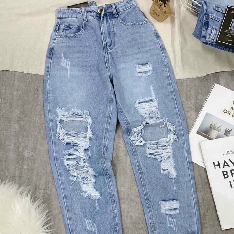 Quần baggy jeans nữ không co giãn muradfashion màu xanh rách cá tính BG448