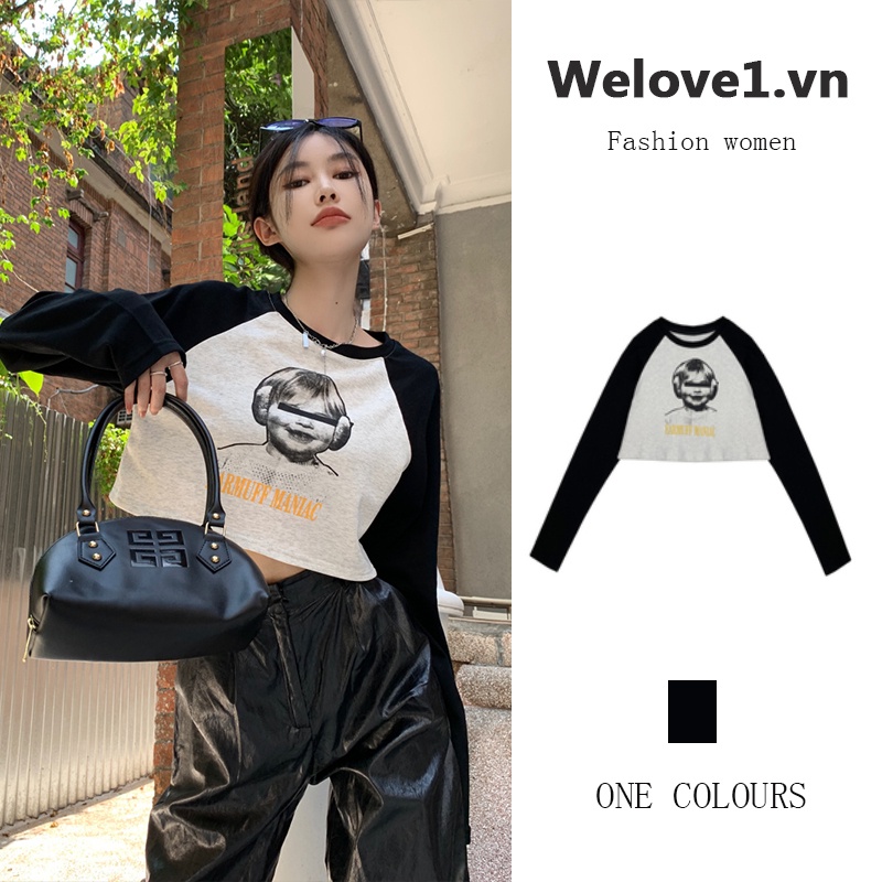 Áo thun dáng lửng tay dài phong cách retro cổ điển dành cho nữ