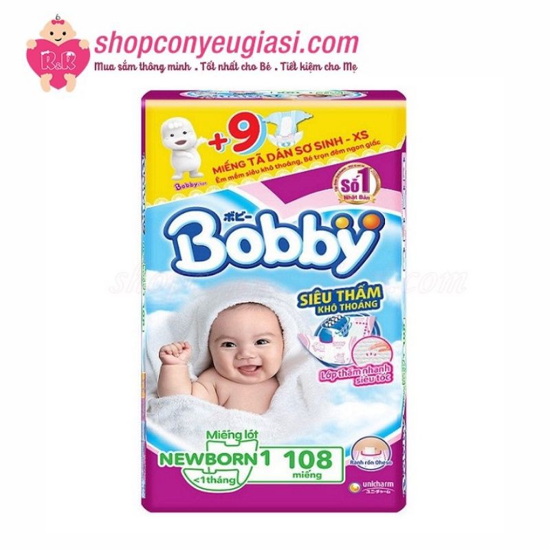 Miếng Lót Sơ Sinh Bobby Newborn 1 108 Miếng, Tặng 9 Miếng Tã Dán Sơ Sinh