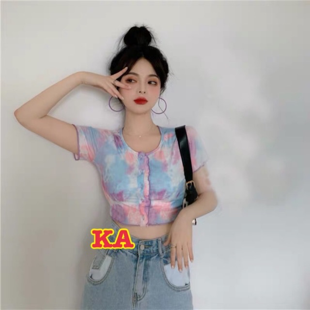 Áo croptop loang màu body ngắn tay viền rua