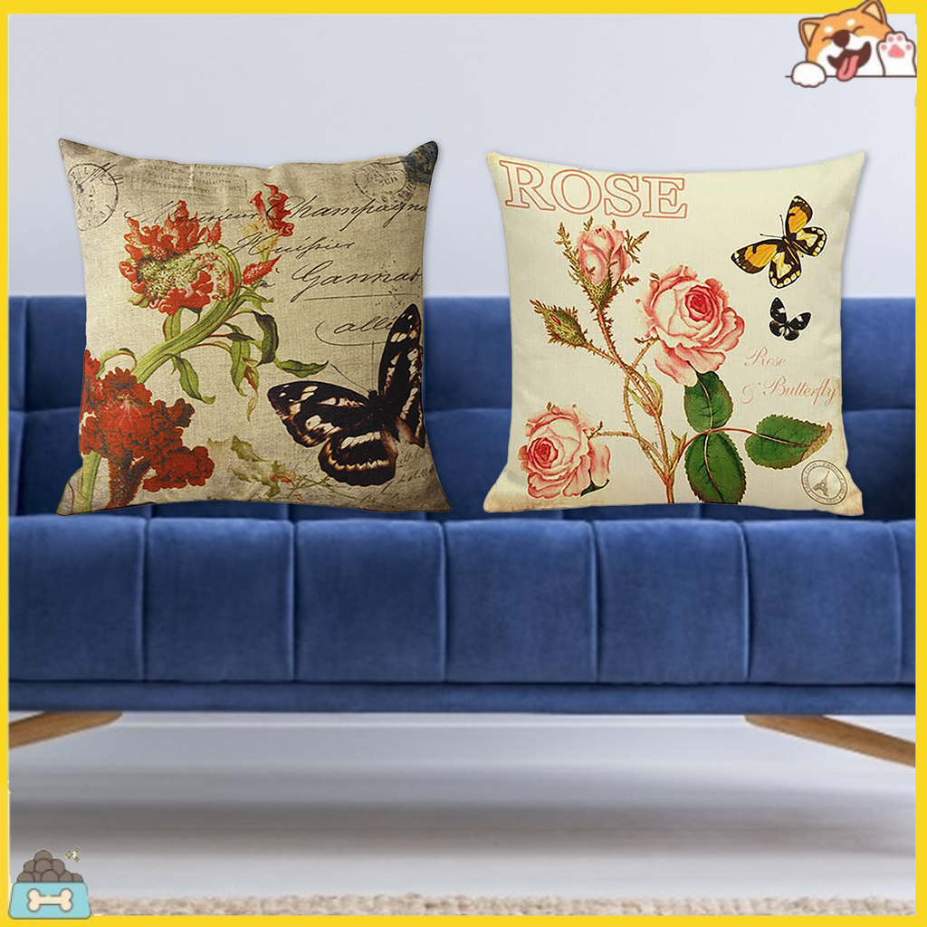 Vỏ gối sofa vải lanh in hoa phong cách vintage