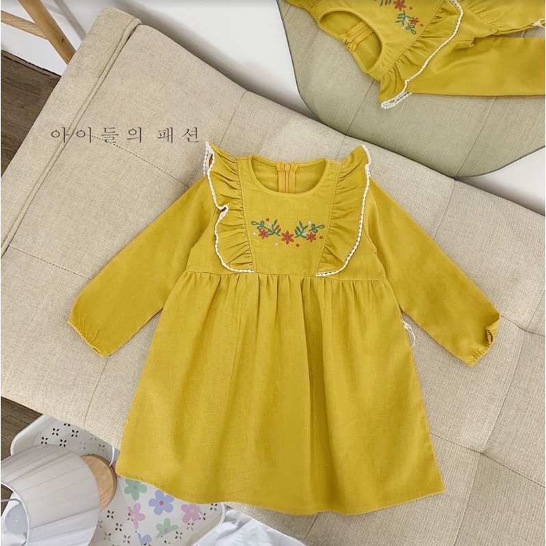 Đầm váy Linen thêu hoa bèo vai phối ren xuất Hàn cho bé