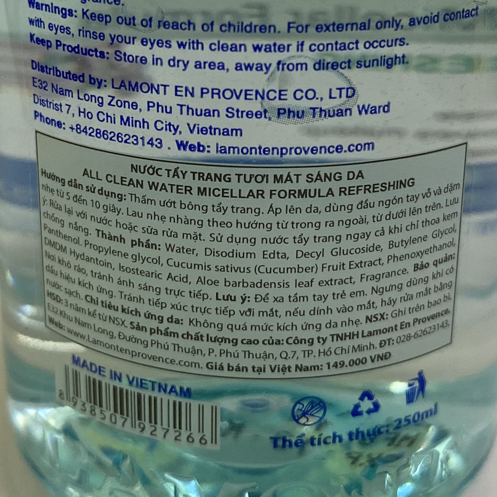 Combo 2 Nước Tẩy Trang LAmont Tươi Mát Sáng Da All Clean Water Micellar Fomula Refreshing 250ml/chai