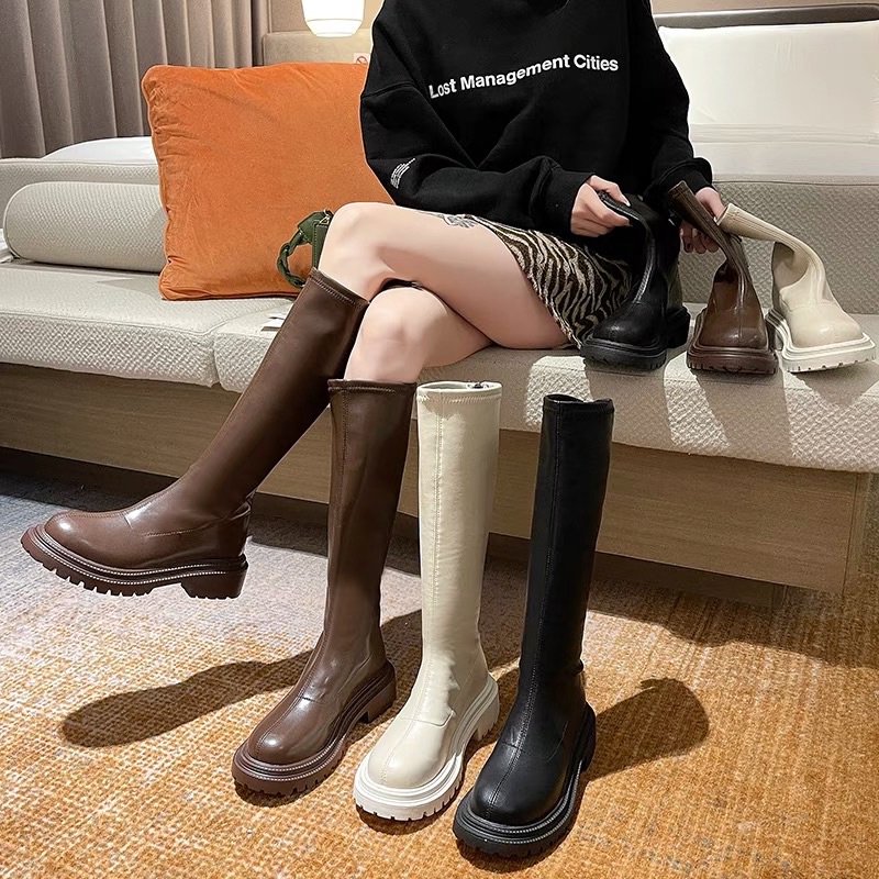 Giày bốt boots nữ cao cổ dành cho nữ, đế đinh, khoá kéo sau, thời trang, phong cách