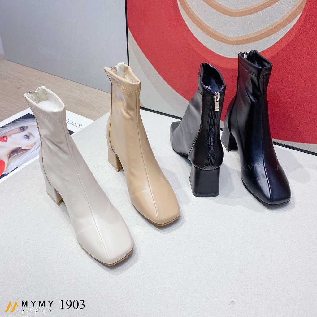 1903 Boot da lì mũi vuông đường chỉ vát khóa sau gót vuông 5p