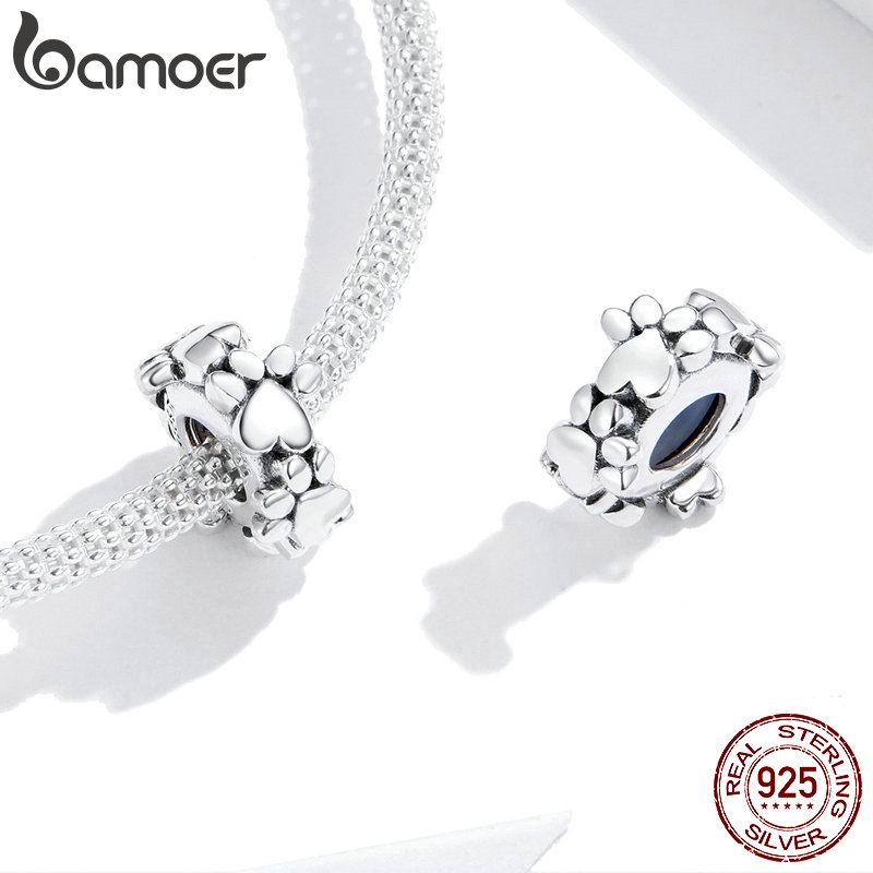 Phụ Kiện Bamoer SCC1504 Bằng Bạc 925 Hình Dấu Chân Chó Có Nút Chặn Silicone Dùng Làm Trang Sức DIY