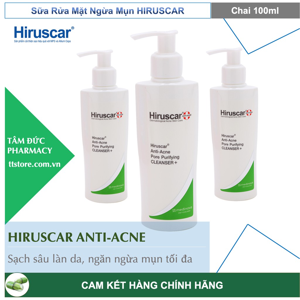 🌟[Chính Hãng] Sữa rửa mặt ngừa mụn HIRUSCAR Anti-Acne Cleanser+ [Chai 100ml] [Hirusca]