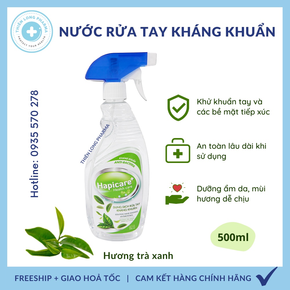 Chai xịt rửa tay kháng khuẩn 500ml hương trà xanh, nước rữa tay sát khuẩn cao cấp, xịt khử khuẩn Hapicare