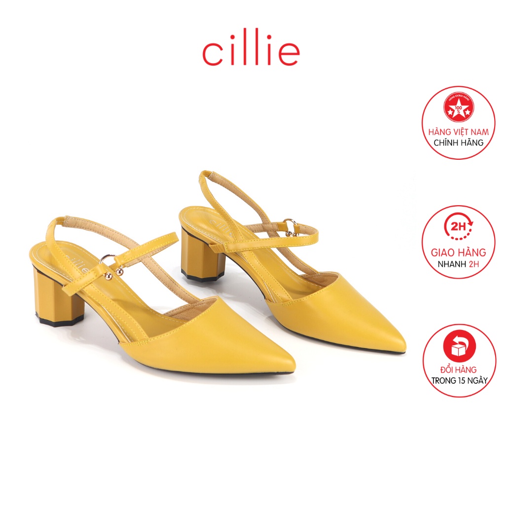 Giày sandal cao gót nữ mũi nhọn thanh lịch hở hậu ôm chân gót trụ 5cm quai thun êm mềm đi học đi làm đi chơi Cillie 1065