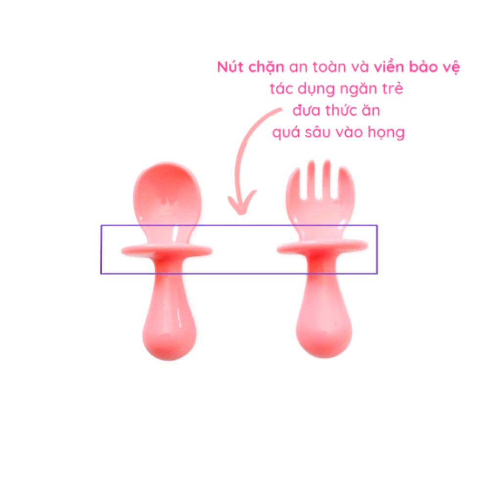 (TẶNG YẾM MÁNG)Thìa dĩa tập xúc cho bé có nút chặn giúp bé tập ăn KÈM HỘP NHỰA, Set thìa dĩa có ngáng chống hóc Thị Nắng