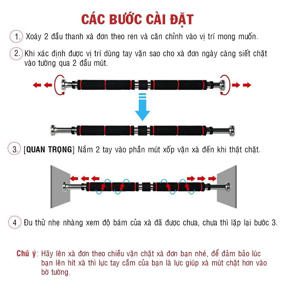 Thanh tập xà đơn treo tường gắn cửa nhiều cỡ từ 62-150cm kích thước có