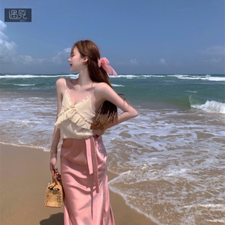 Chân váy midi vải satin màu hồng xinh xắn cho nữ