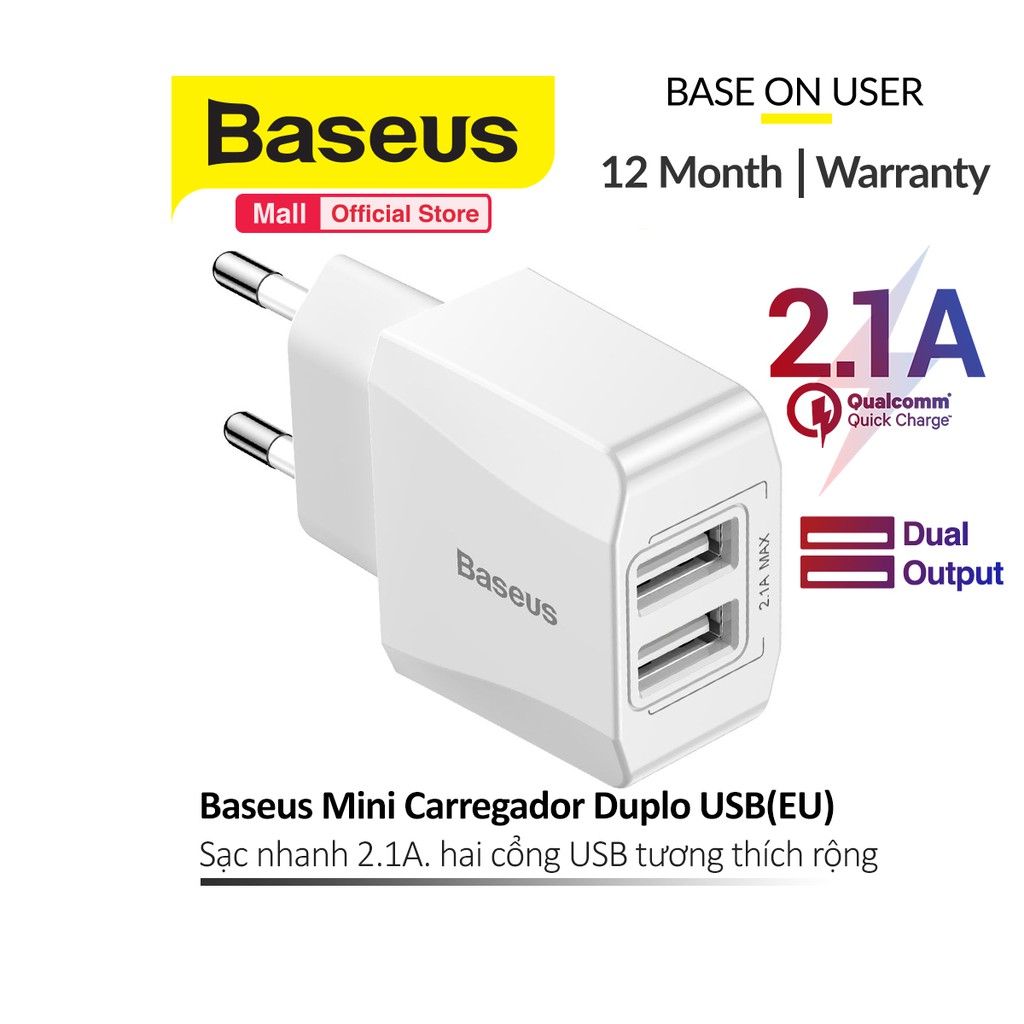 Cốc sạc Baseus Mini Carregador Duplo USB(EU) 2 cổng USB sạc nhanh 2.1A cho Smart phone - Table