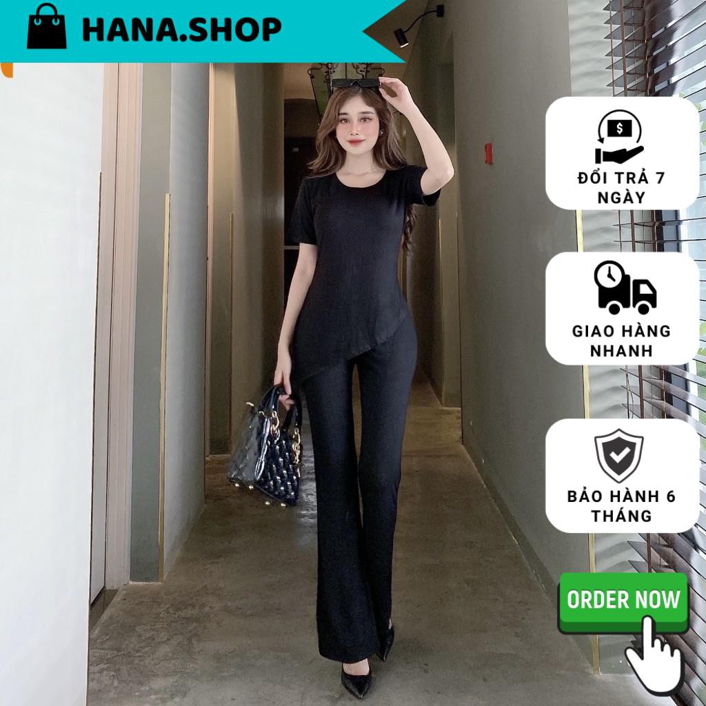 Set thun trơn tà áo xéo quần ống suông màu đen- LS07