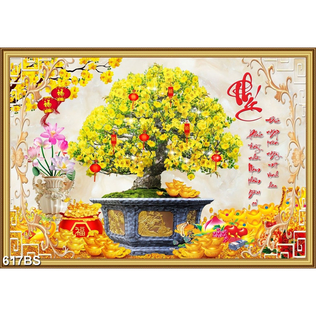 Tranh Dán Tường 3D Cây Mai Ngày Tết -617BS- Có In Theo Yêu Cầu- Tranh 3d Trang trí nhà cửa