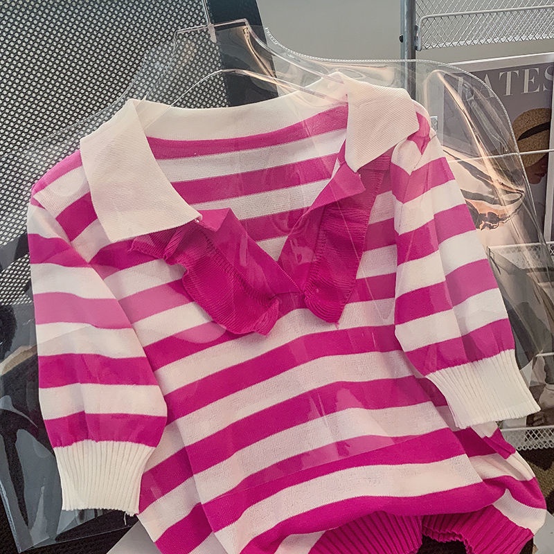 Áo polo Dệt Kim Cổ Bẻ Họa Tiết Kẻ Sọc Thời Trang Mùa Hè Phong Cách Hàn Quốc Mới Cho Nữ